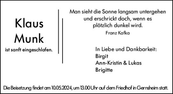 Traueranzeige von Klaus Munk von Darmstädter Echo