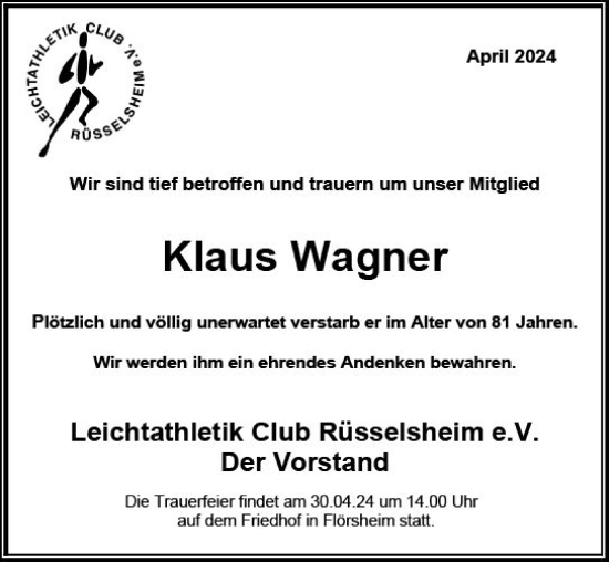 Traueranzeige von Klaus Wagner von Rüsselsheimer Echo