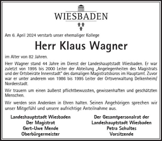 Traueranzeige von Klaus Wagner von Wiesbadener Kurier