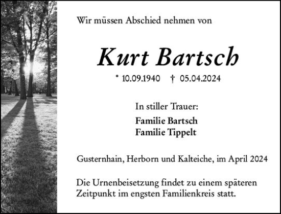 Traueranzeige von Kurt Bartsch von Dill Block
