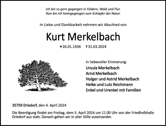 Traueranzeige von Kurt Merkelbach von Dill Block