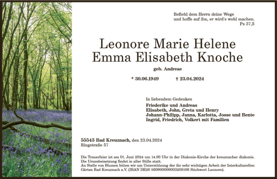 Traueranzeige von Leonore Marie Helene Emma Elisabeth Knoche von Allgemeine Zeitung Bad Kreuznach