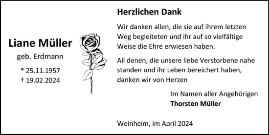 Traueranzeige von Liane Müller von Allgemeine Zeitung Alzey