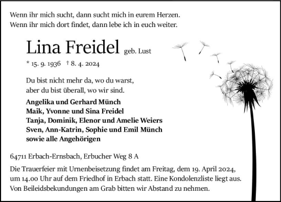 Traueranzeige von Lina Freidel von Odenwälder Echo