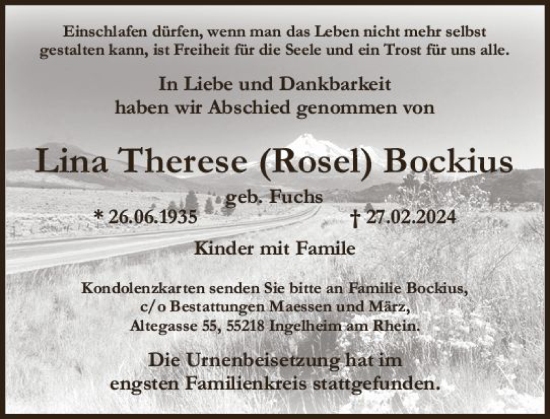 Traueranzeige von Lina Therese Bockius von Allgemeine Zeitung Bingen/Ingelheim