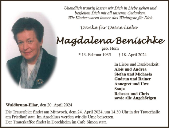 Traueranzeige von Magdalena Benischke von Nassauische Neue Presse