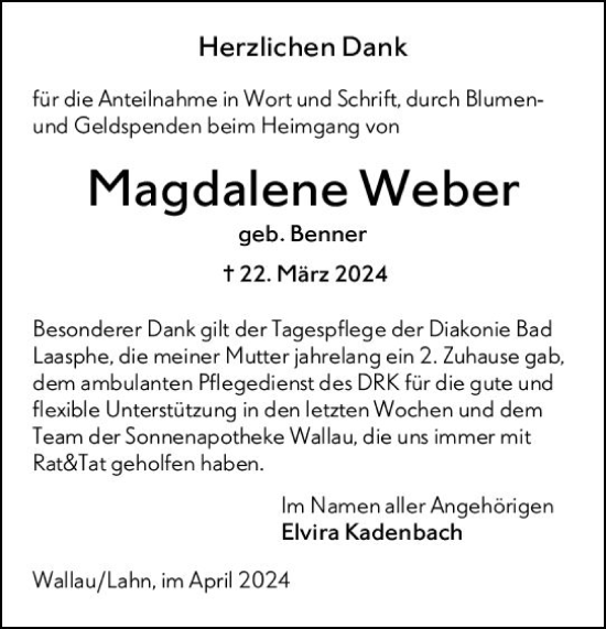 Traueranzeige von Magdalene Weber von Hinterländer Anzeiger