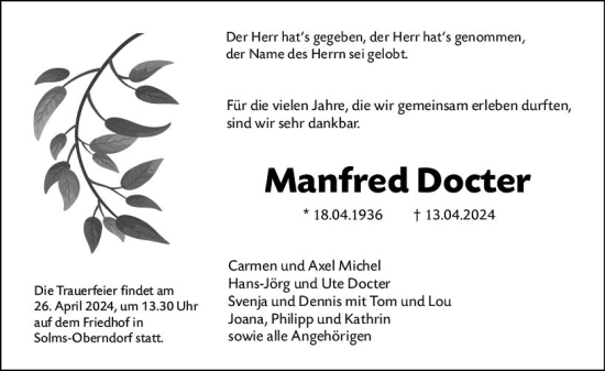 Traueranzeige von Manfred Docter von Wetzlarer Neue Zeitung