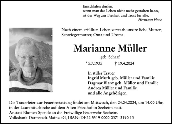 Traueranzeige von Marianne Müller von Darmstädter Echo