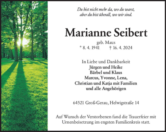 Traueranzeige von Marianne Seibert von Groß-Gerauer Echo