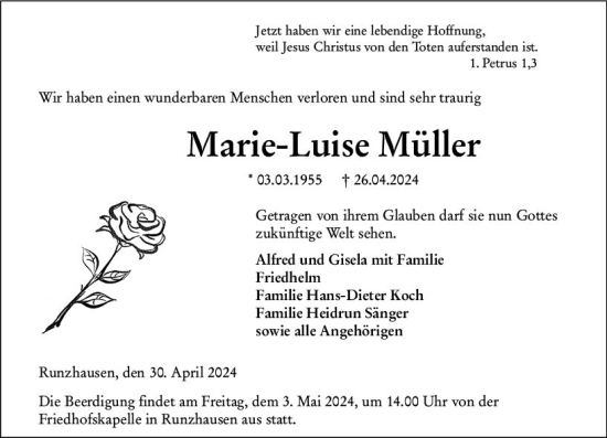 Traueranzeige von Marie-Luise Müller von Hinterländer Anzeiger