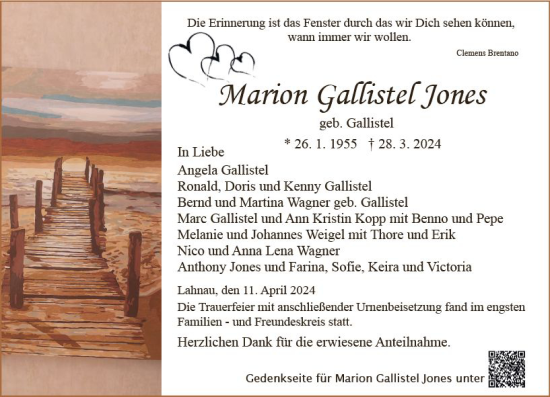 Traueranzeige von Marion Gallistel Jones von Wetzlarer Neue Zeitung