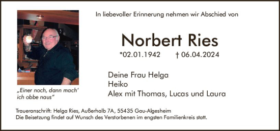 Traueranzeige von Norbert Ries von Allgemeine Zeitung Bingen/Ingelheim