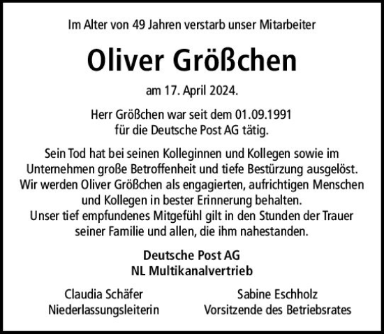 Traueranzeige von Oliver Größchen von Nassauische Neue Presse