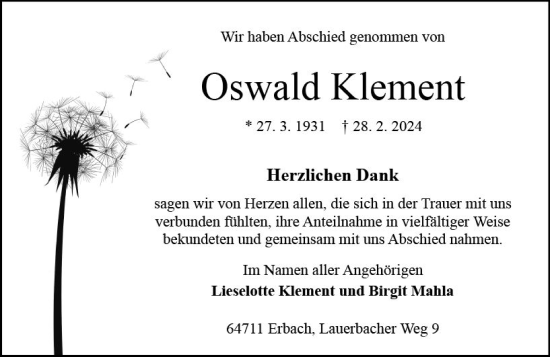 Traueranzeige von Oswald Klement von Odenwälder Echo