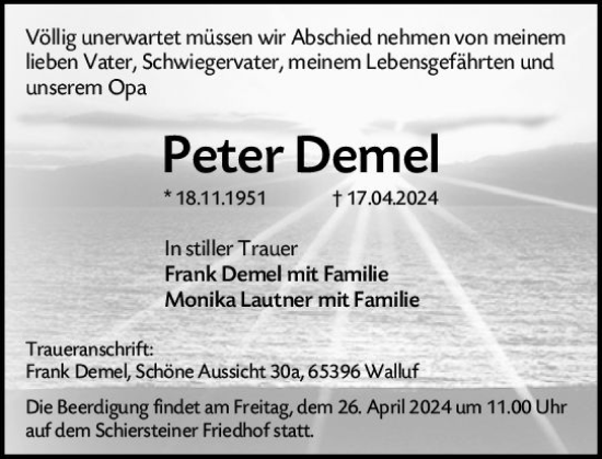 Traueranzeige von Peter Demel von Wiesbadener Kurier