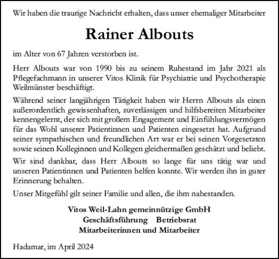 Traueranzeige von Rainer Albouts von Weilburger Tageblatt