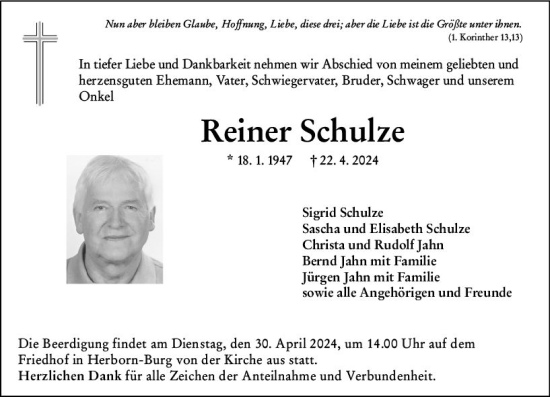 Traueranzeige von Reiner Schulze von Dill Block