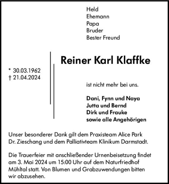Traueranzeige von Reiner Karl Klaffke von Darmstädter Echo