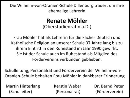 Traueranzeige von Renate Möhler von Dill Block