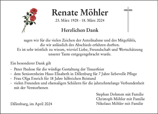 Traueranzeige von Renate Möhler von Dill Block