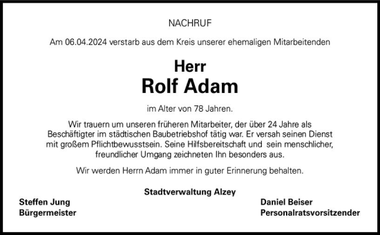 Traueranzeige von Rolf Adam von Allgemeine Zeitung Alzey