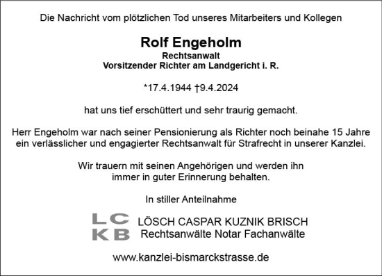 Traueranzeige von Rolf Engeholm von Darmstädter Echo