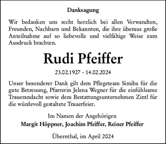 Traueranzeige von Rudi Pfeiffer von Dill Block