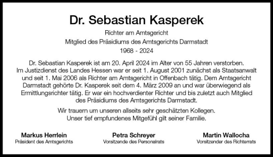Traueranzeige von Sebastian Kasperek von Darmstädter Echo