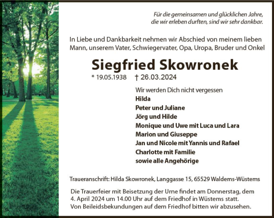 Traueranzeige von Siegfried Skowronek von Camberger Anzeiger
