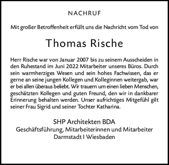 Traueranzeige von Thomas Rische von Darmstädter Echo