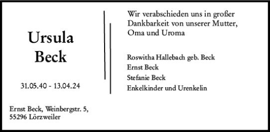 Traueranzeige von Ursula Beck von Allgemeine Zeitung Mainz