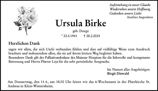 Traueranzeige von Ursula Birke von Allgemeine Zeitung Mainz