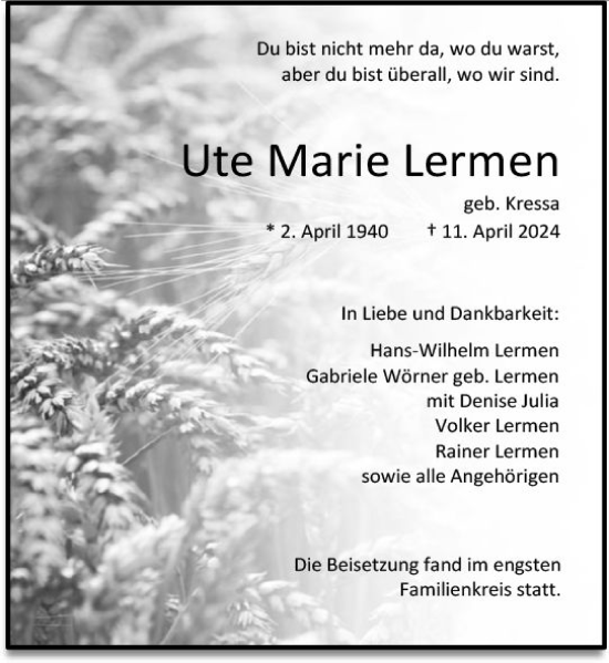 Traueranzeige von Ute Marie Lermen von Darmstädter Echo
