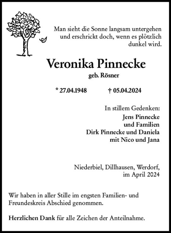 Traueranzeige von Veronika Pinnecke von Wetzlarer Neue Zeitung