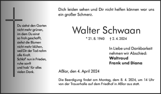 Traueranzeige von Walter Schwaan von Wetzlarer Neue Zeitung