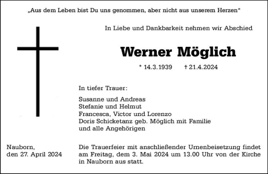 Traueranzeige von Werner Möglich von Wetzlarer Neue Zeitung