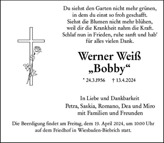 Traueranzeige von Werner Weiß von Wiesbadener Kurier