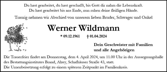 Traueranzeige von Werner Wildmann von Allgemeine Zeitung Alzey