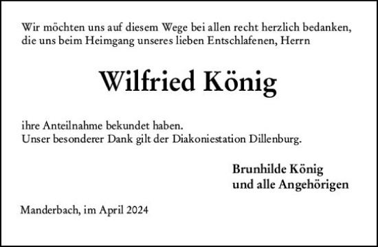 Traueranzeige von Wilfried König von Dill Block
