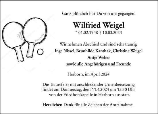 Traueranzeige von Wilfried Weigel von Dill Block