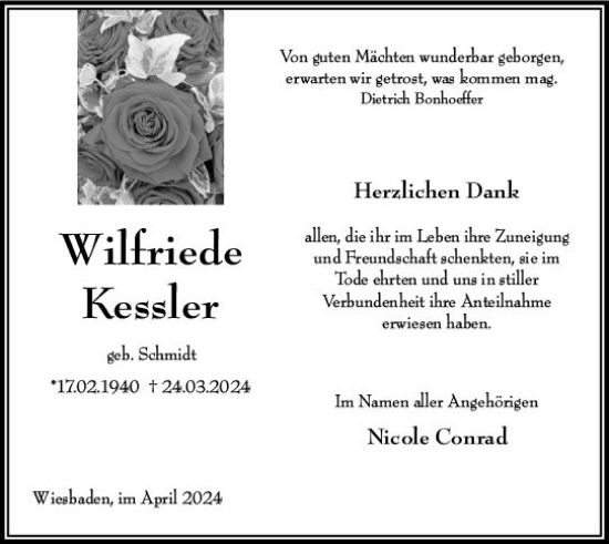 Traueranzeige von Wilfriede Kessler von Wiesbadener Kurier