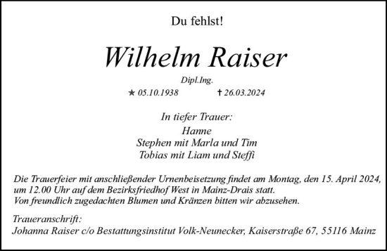 Traueranzeige von Wilhelm Raiser von Allgemeine Zeitung Mainz
