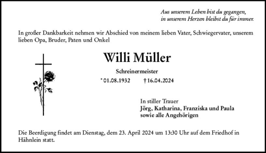Traueranzeige von Willi Müller von Darmstädter Echo