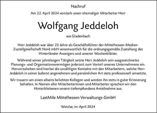 Traueranzeige von Wolfgang Jeddeloh von Hinterländer Anzeiger