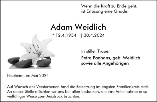 Traueranzeige von Adam Weidlich von Rüsselsheimer Echo