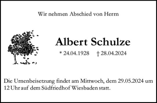 Traueranzeige von Albert Schulze von Wiesbadener Kurier