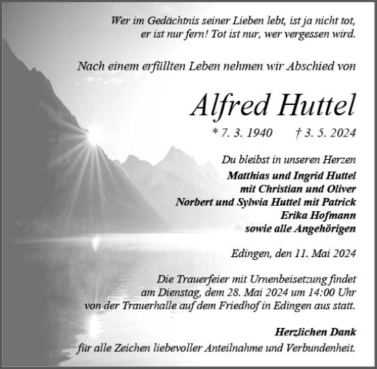 Traueranzeige von Alfred Huttel von Dill Block