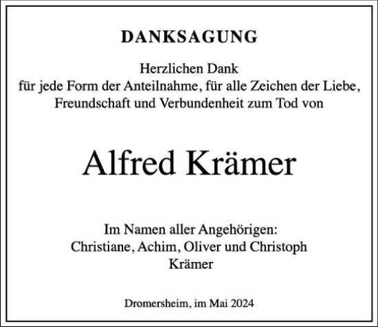 Traueranzeige von Alfred Krämer von Allgemeine Zeitung Bingen/Ingelheim