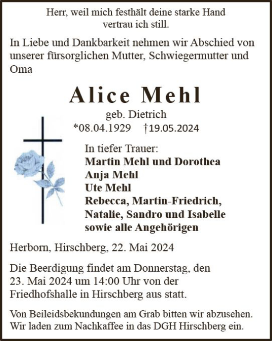 Traueranzeige von Alice Mehl von Dill Block